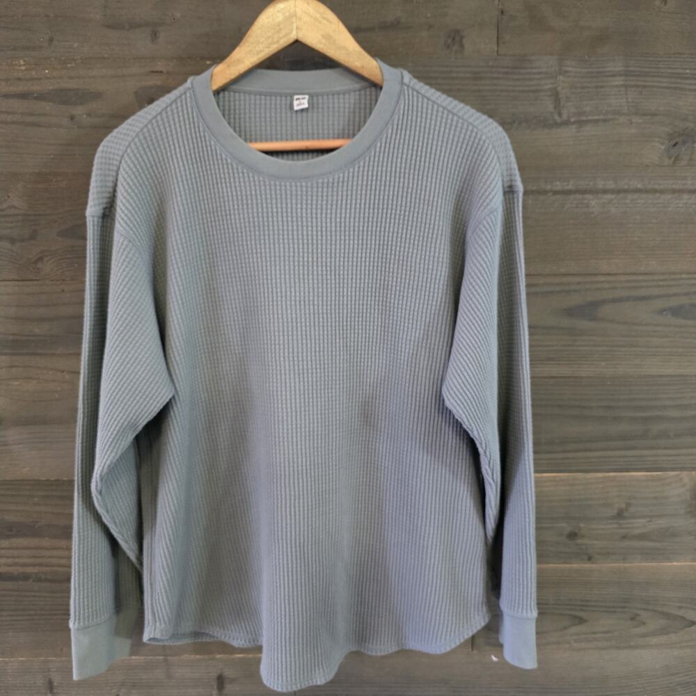 Uniqlo Unisex Thermal Waffle Knit Light Green Cotton Long Sleeve T-Shirt Size L